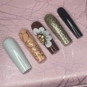 Extra Long square press on nails acrylic flowers rhinestones brown gray glitter